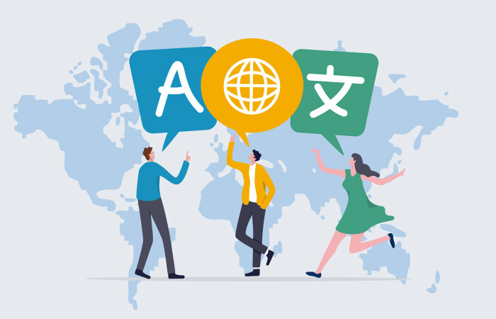 A map of Earth, with three animated individuals speaking different languages, championing multilingual marketing.